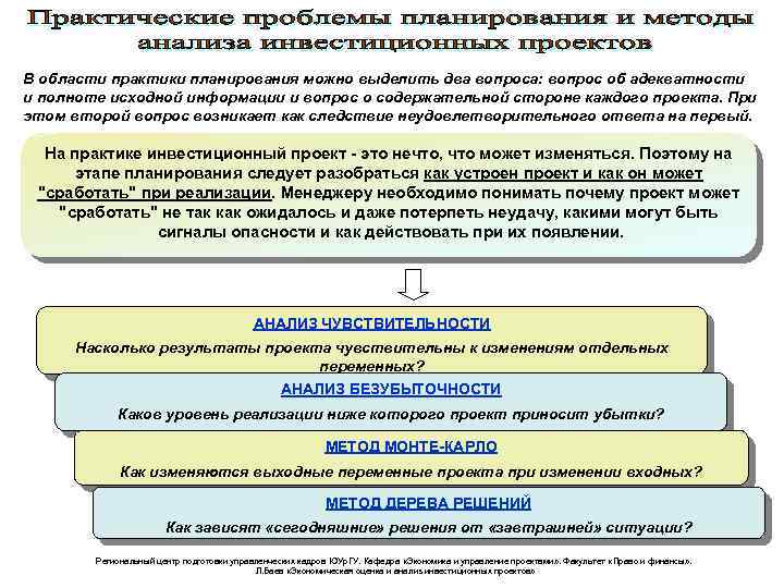 В области практики планирования можно выделить два вопроса: вопрос об адекватности и полноте исходной