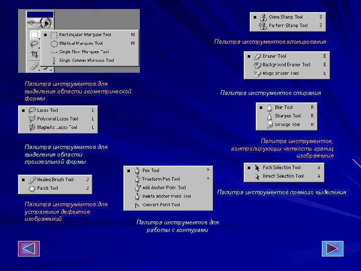 Палитра инструментов клонирования Палитра инструментов для выделения области геометрической формы Палитра инструментов стирания Палитра
