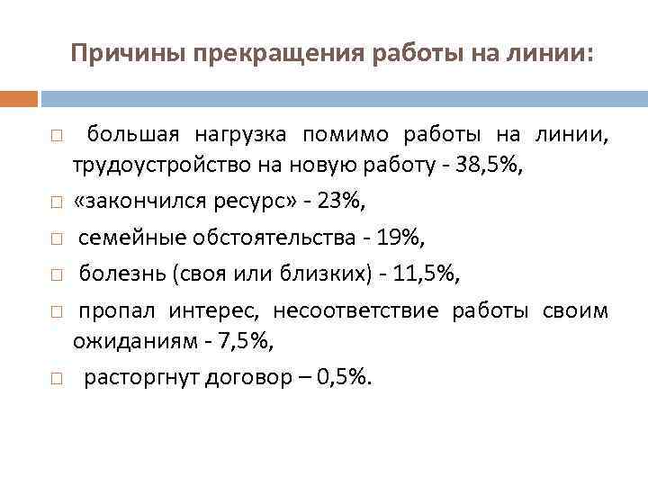 Причины прекращения работы на линии: большая нагрузка помимо работы на линии, трудоустройство на новую