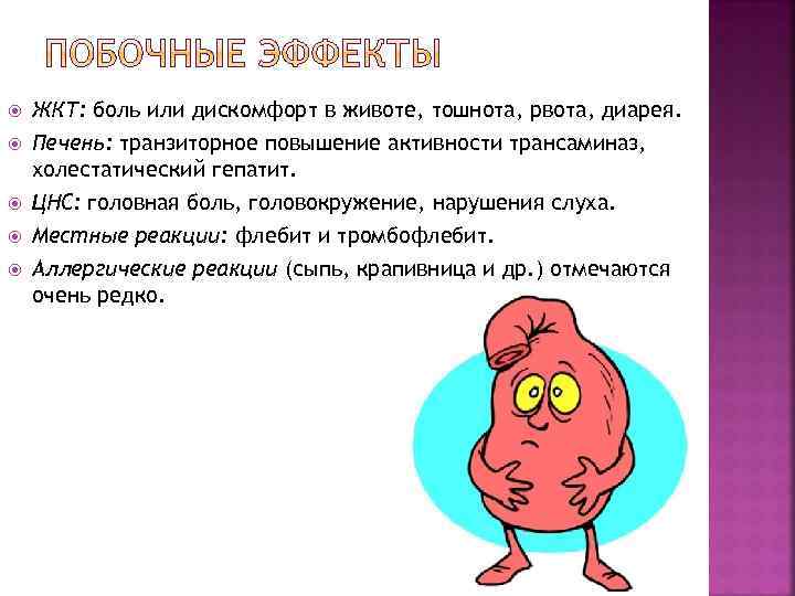  ЖКТ: боль или дискомфорт в животе, тошнота, рвота, диарея. Печень: транзиторное повышение активности