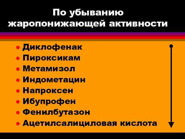 По убыванию жаропонижающей активности l l l l Диклофенак Пироксикам Метамизол Индометацин Напроксен Ибупрофен