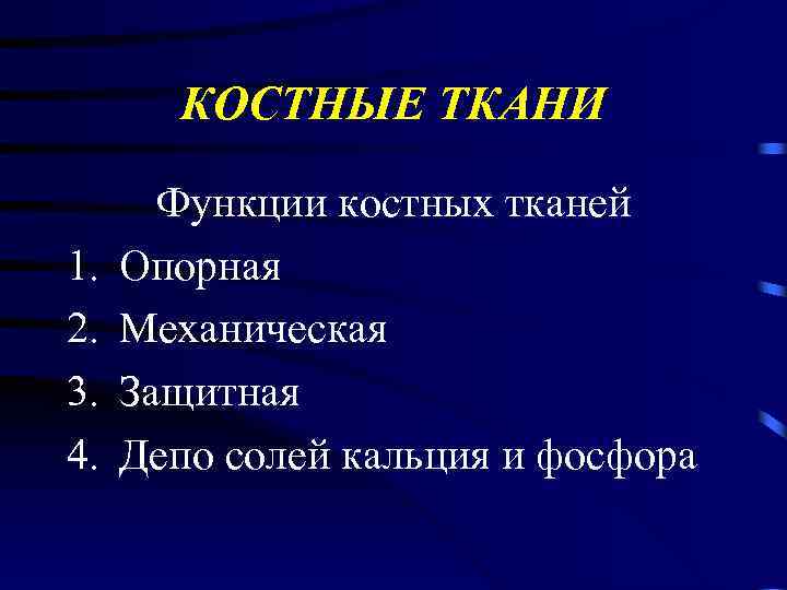 КОСТНЫЕ ТКАНИ 1. 2. 3. 4. Функции костных тканей Опорная Механическая Защитная Депо солей