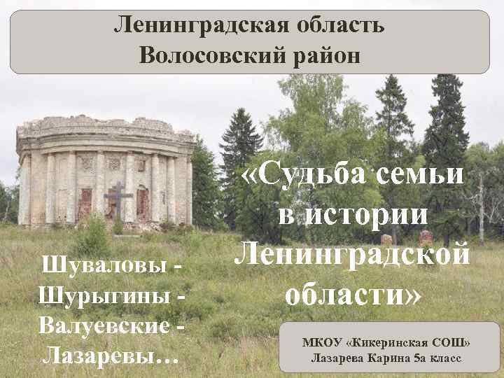 Ленинградская область Волосовский район Шуваловы Шурыгины Валуевские Лазаревы… «Судьба семьи в истории Ленинградской области»