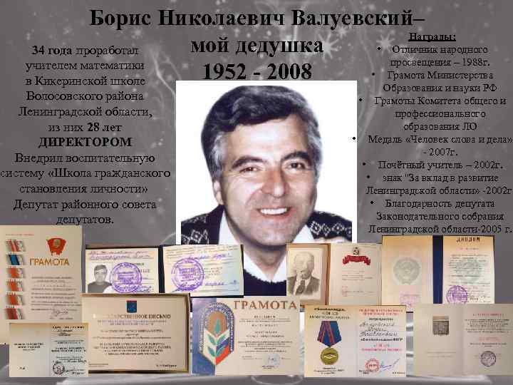 Борис Николаевич Валуевский– Награды: мой дедушка • Отличник народного 34 года проработал просвещения –