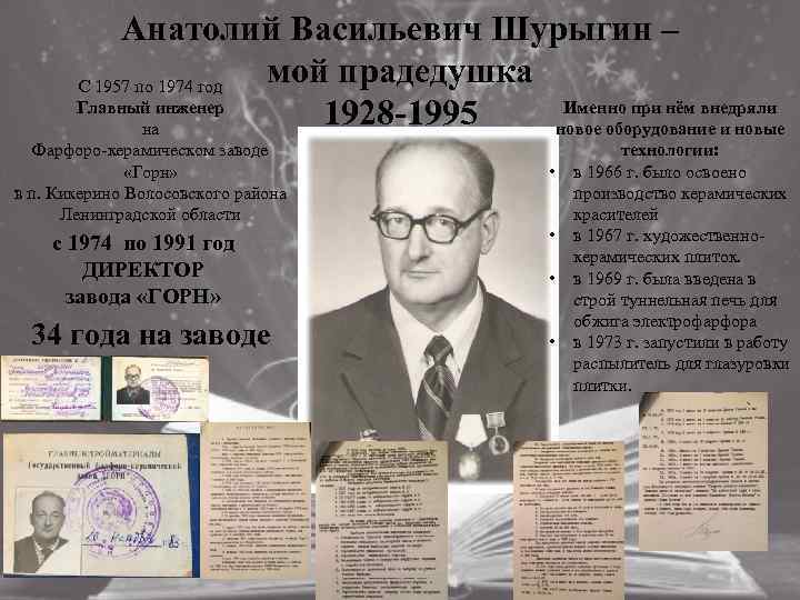 Анатолий Васильевич Шурыгин – мой прадедушка С 1957 по 1974 год Именно при нём
