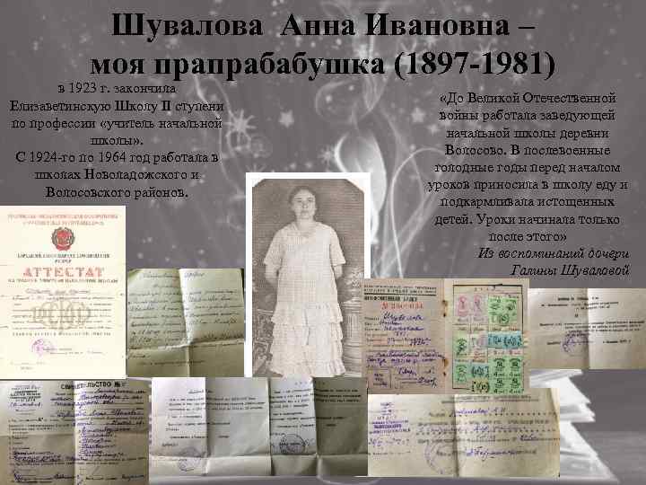 Шувалова Анна Ивановна – моя прапрабабушка (1897 -1981) в 1923 г. закончила Елизаветинскую Школу