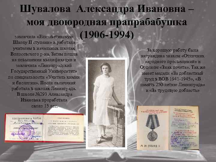 Шувалова Александра Ивановна – моя двоюродная прапрабабушка закончила «Елизаветинскую (1906 -1994) Школу II ступени»