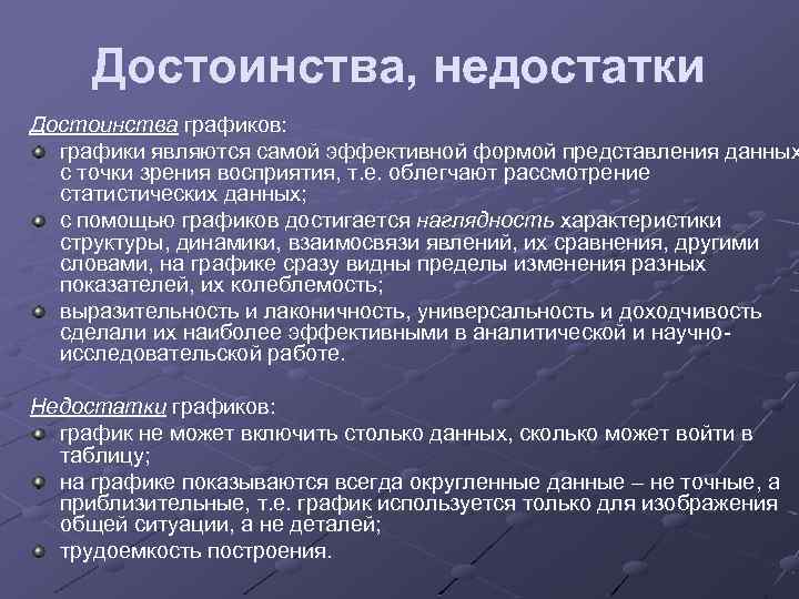 Достоинства, недостатки Достоинства графиков: графики являются самой эффективной формой представления данных с точки зрения