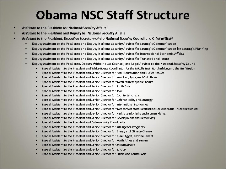 Obama NSC Staff Structure • • • Assistant to the President for National Security