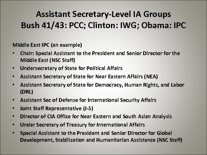 Assistant Secretary-Level IA Groups Bush 41/43: PCC; Clinton: IWG; Obama: IPC Middle East IPC