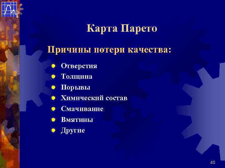 Карта Парето Причины потери качества: ® ® ® ® Отверстия Толщина Порывы Химический состав
