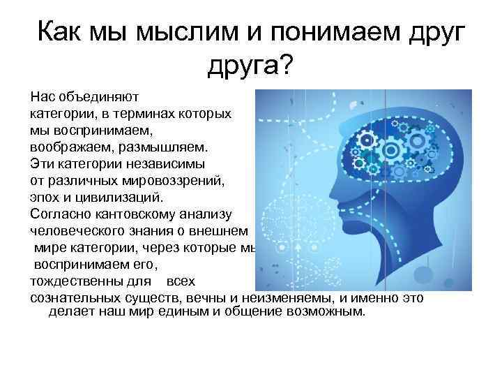 Как мы мыслим и понимаем друга? Нас объединяют категории, в терминах которых мы воспринимаем,