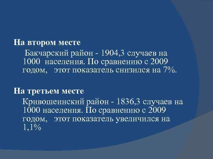 На втором месте Бакчарский район - 1904, 3 случаев на 1000 населения. По сравнению