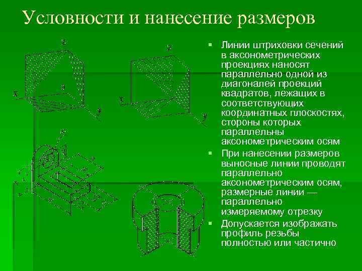 Условности и нанесение размеров § Линии штриховки сечений в аксонометрических проекциях наносят параллельно одной