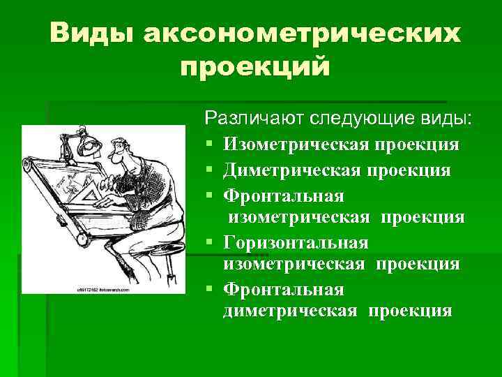 Виды аксонометрических проекций Различают следующие виды: § Изометрическая проекция § Диметрическая проекция § Фронтальная