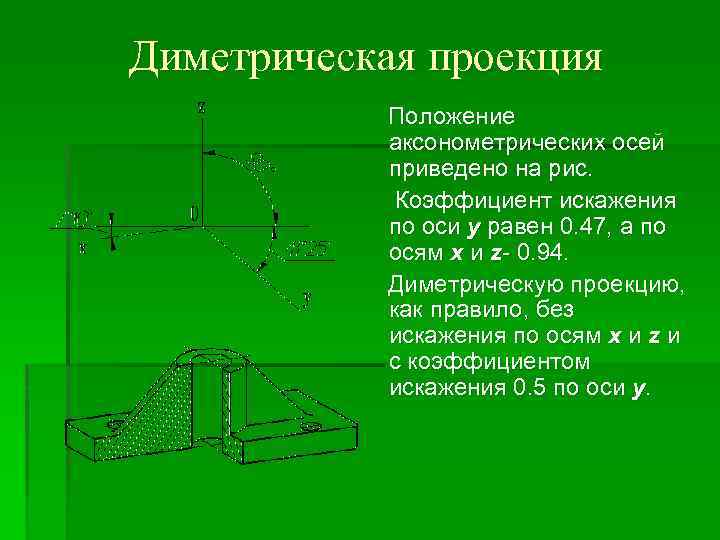 Диметрическая проекция Положение аксонометрических осей приведено на рис. Коэффициент искажения по оси y равен