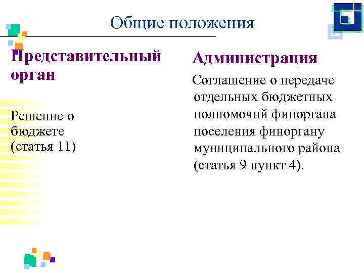 Общие положения Представительный орган Решение о бюджете (статья 11) Администрация Соглашение о передаче отдельных