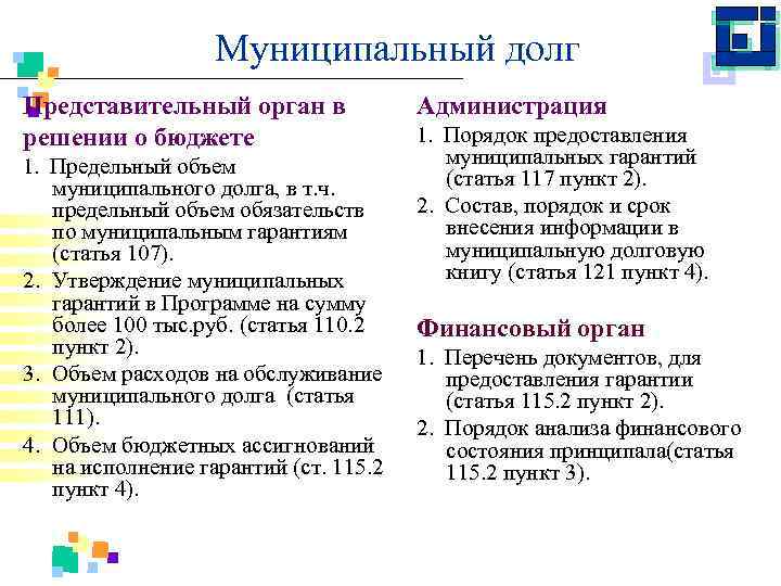 Муниципальный долг Представительный орган в решении о бюджете 1. Предельный объем муниципального долга, в