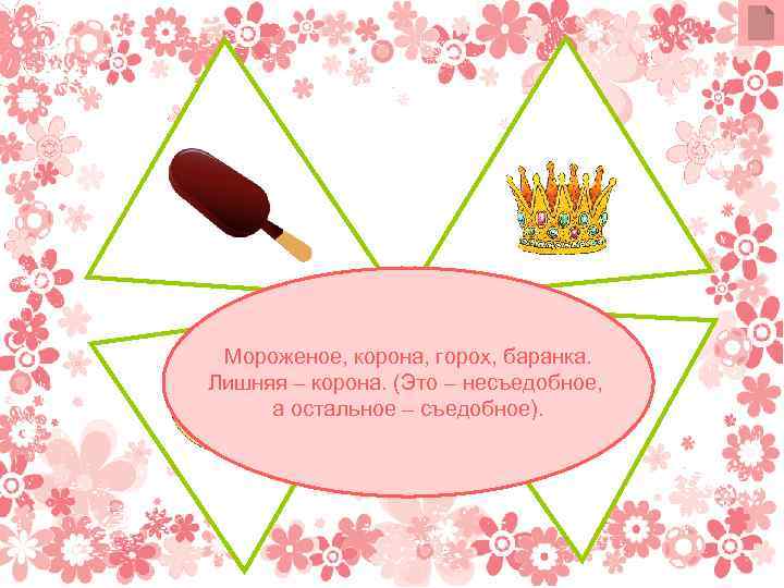 Мороженое, корона, горох, баранка. Лишняя – корона. (Это – несъедобное, а остальное – съедобное).