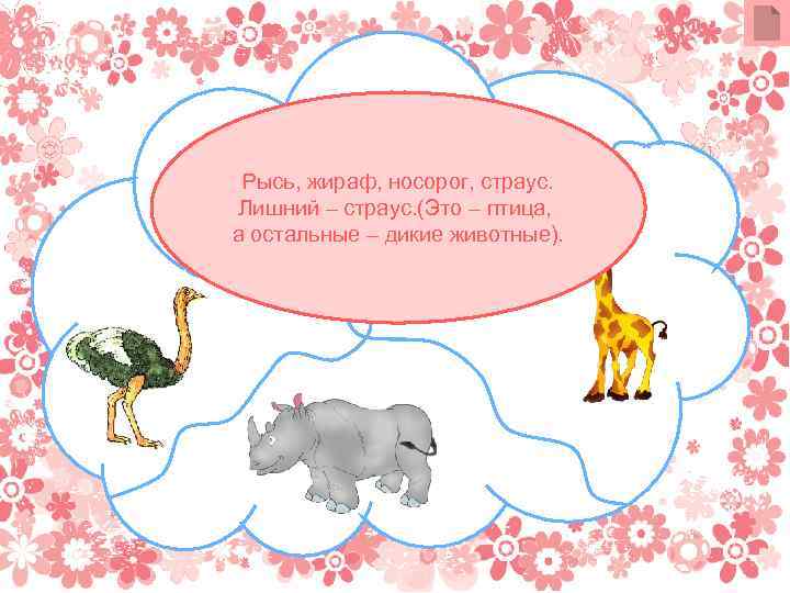 Рысь, жираф, носорог, страус. Лишний – страус. (Это – птица, а остальные – дикие