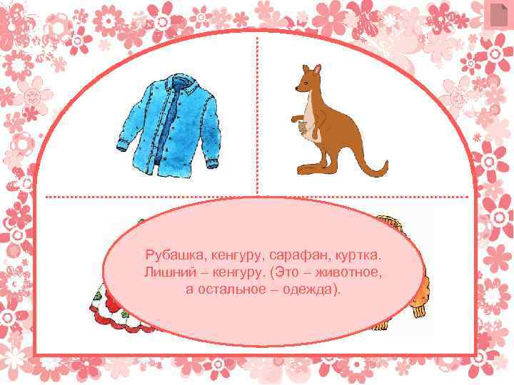Рубашка, кенгуру, сарафан, куртка. Лишний – кенгуру. (Это – животное, а остальное – одежда).