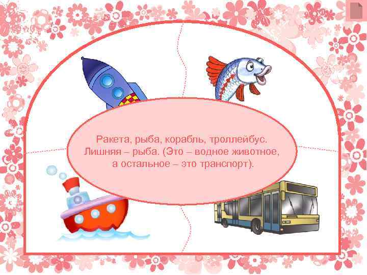 Ракета, рыба, корабль, троллейбус. Лишняя – рыба. (Это – водное животное, а остальное –