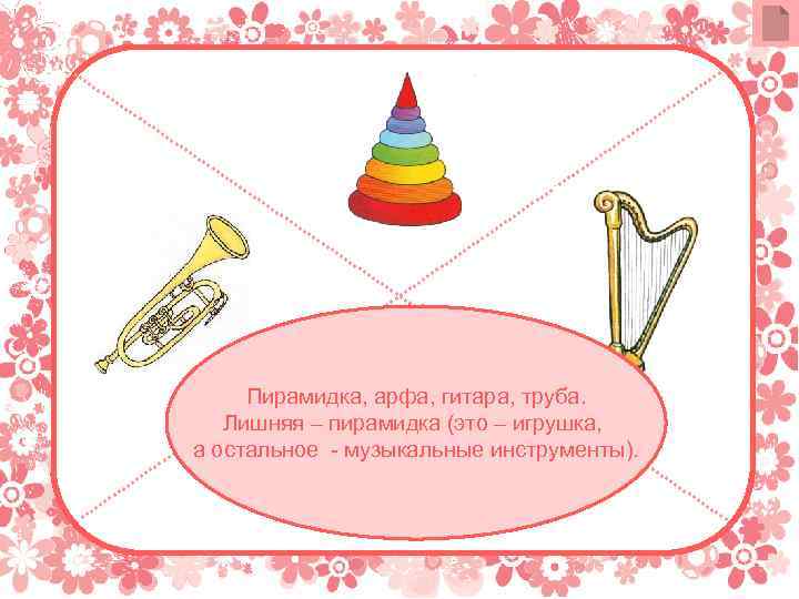 Пирамидка, арфа, гитара, труба. Лишняя – пирамидка (это – игрушка, а остальное - музыкальные