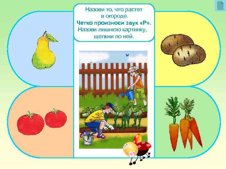 Назови то, что растет в огороде. Четко произноси звук «Р» . Назови лишнюю картинку,