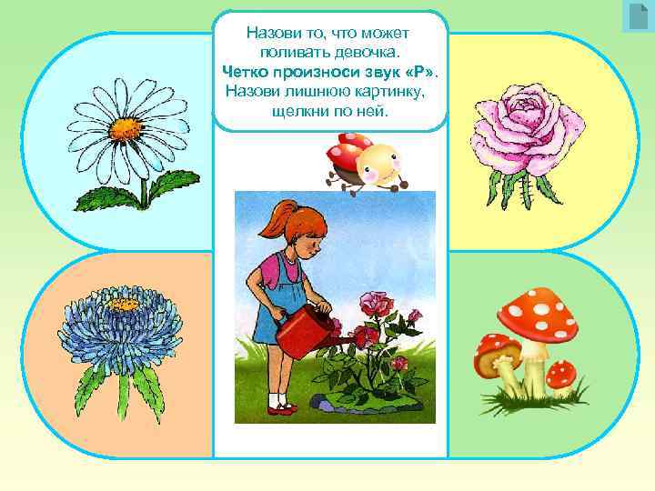 Назови то, что может поливать девочка. Четко произноси звук «Р» . Назови лишнюю картинку,