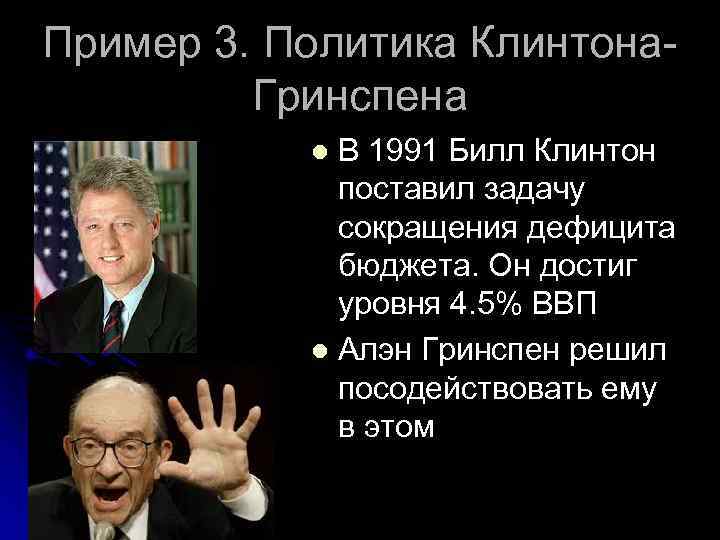 Пример 3. Политика Клинтона. Гринспена В 1991 Билл Клинтон поставил задачу сокращения дефицита бюджета.