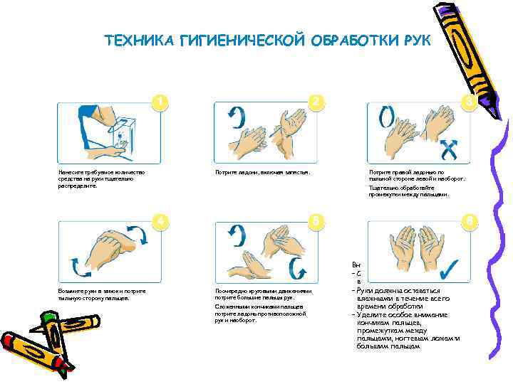 ТЕХНИКА ГИГИЕНИЧЕСКОЙ ОБРАБОТКИ РУК 1 Нанесите требуемое количество средства на руки тщательно распределите. 2