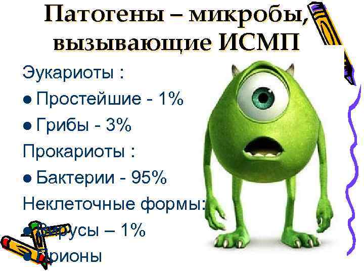 Патогены – микробы, вызывающие ИСМП Эукариоты : l Простейшие - 1% l Грибы -