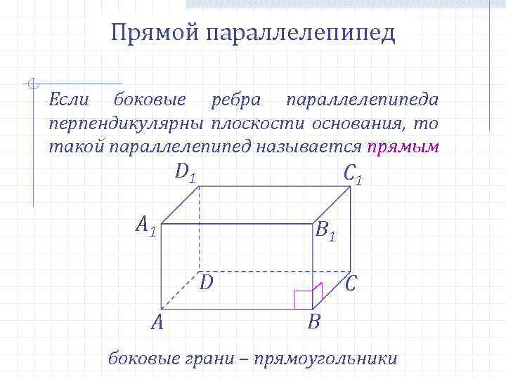 Прямой параллелепипед Если боковые ребра параллелепипеда перпендикулярны плоскости основания, то такой параллелепипед называется прямым