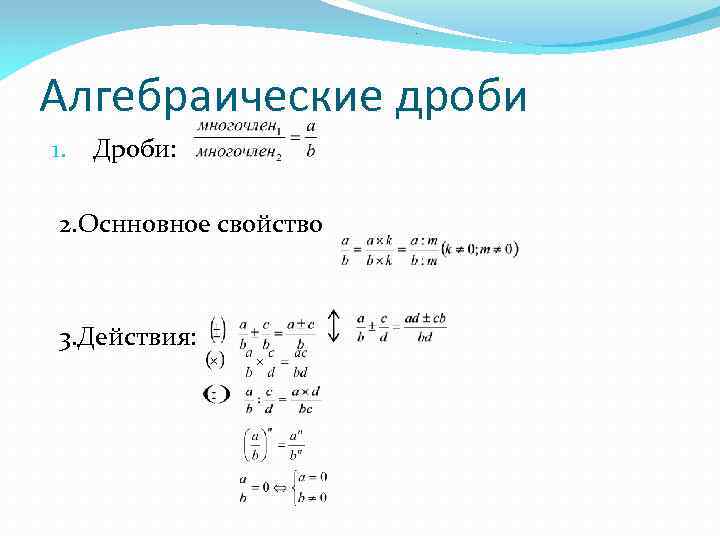 Алгебраические дроби 1. Дроби: 2. Оснновное свойство 3. Действия: 