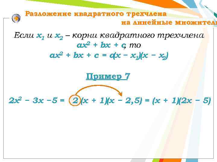 Разложение квадратного трехчлена на линейные множители Если х1 и х2 – корни квадратного трехчлена
