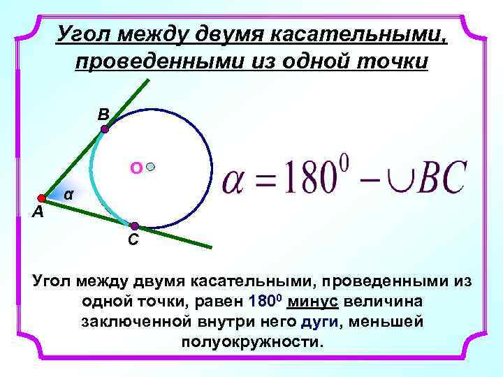 Угол между двумя касательными, проведенными из одной точки B О A α C Угол