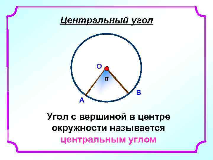 Центральный угол О α А В Угол с вершиной в центре окружности называется центральным