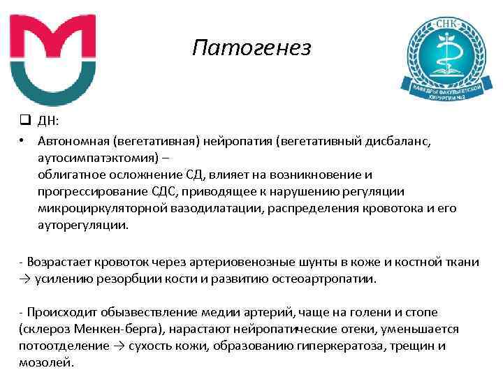 Патогенез q ДН: • Автономная (вегетативная) нейропатия (вегетативный дисбаланс, аутосимпатэктомия) – облигатное осложнение СД,