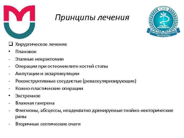 Принципы лечения q • Хирургическое лечение Плановое Этапные некрэктомии Операции при остеомиелите костей стопы