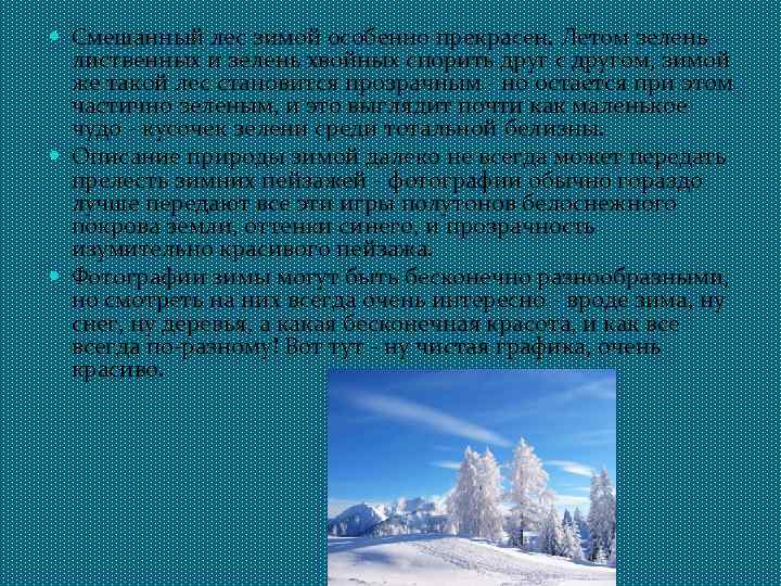  Смешанный лес зимой особенно прекрасен. Летом зелень лиственных и зелень хвойных спорить друг