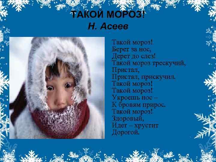 ТАКОЙ МОРОЗ! Н. Асеев Такой мороз! Берет за нос, Дерет до слез! Такой мороз