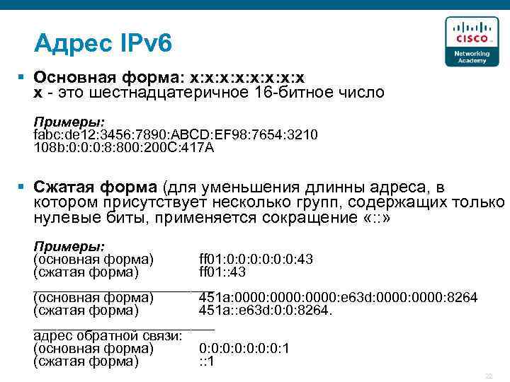 Адрес IPv 6 § Основная форма: x: x: x: x x - это шестнадцатеричное