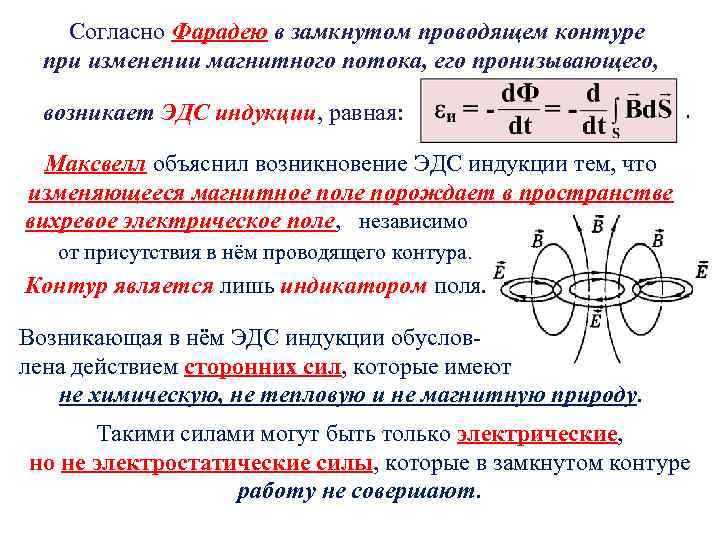 Согласно Фарадею в замкнутом проводящем контуре при изменении магнитного потока, его пронизывающего, возникает ЭДС