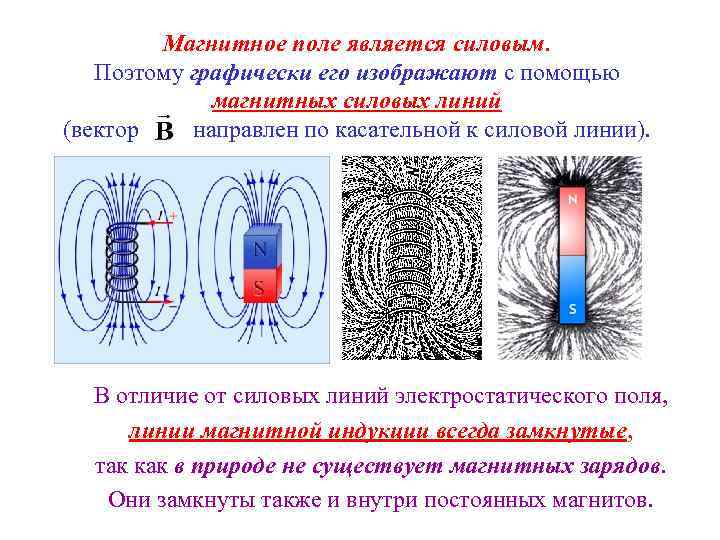 Магнитное поле является силовым. Поэтому графически его изображают с помощью магнитных силовых линий (вектор