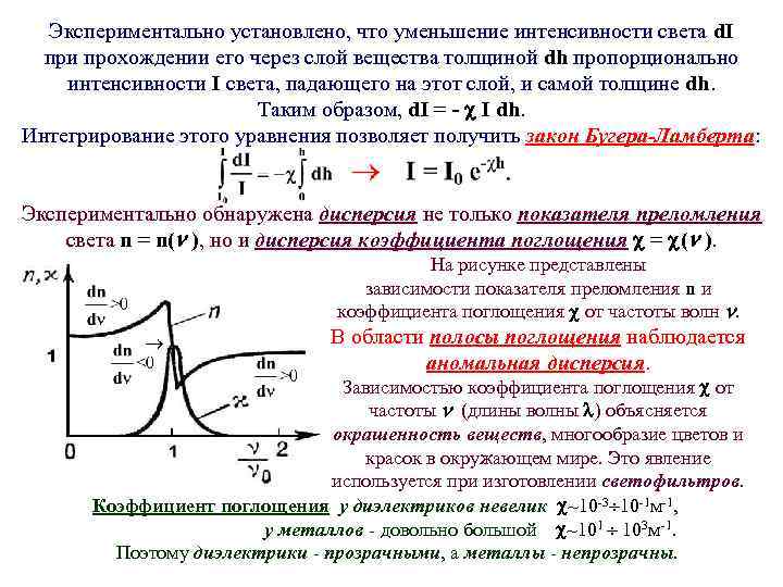 Экспериментально установлено, что уменьшение интенсивности света d. I при прохождении его через слой вещества