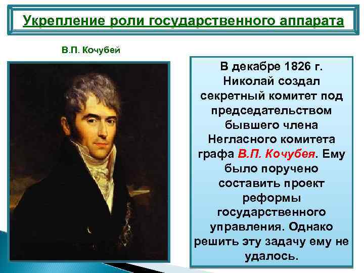 Укрепление роли государственного аппарата В. П. Кочубей В декабре 1826 г. Николай создал секретный