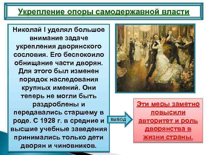 Укрепление опоры самодержавной власти Николай I уделял большое внимание задаче укрепления дворянского сословия. Его