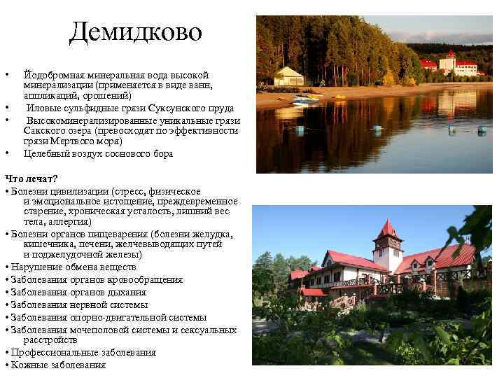 Демидково • • Йодобромная минеральная вода высокой минерализации (применяется в виде ванн, аппликаций, орошений)