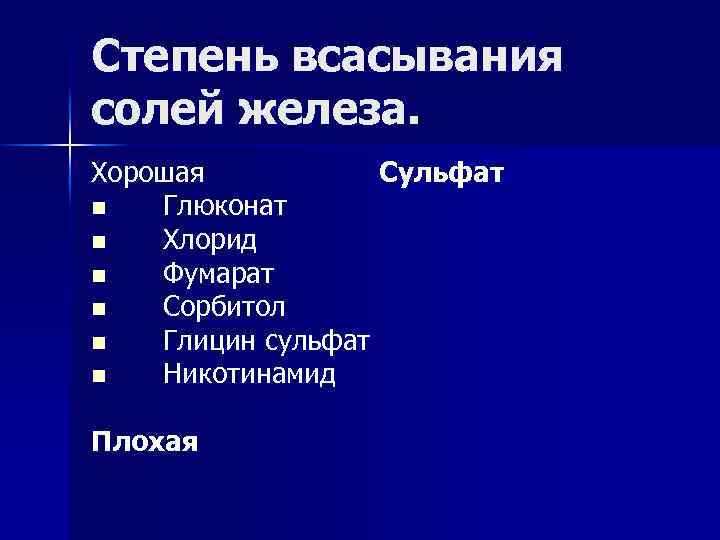 Степень всасывания солей железа. Хорошая Сульфат n Глюконат n Хлорид n Фумарат n Сорбитол