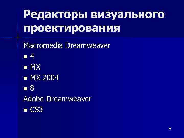 Редакторы визуального проектирования Macromedia Dreamweaver n 4 n MX 2004 n 8 Adobe Dreamweaver